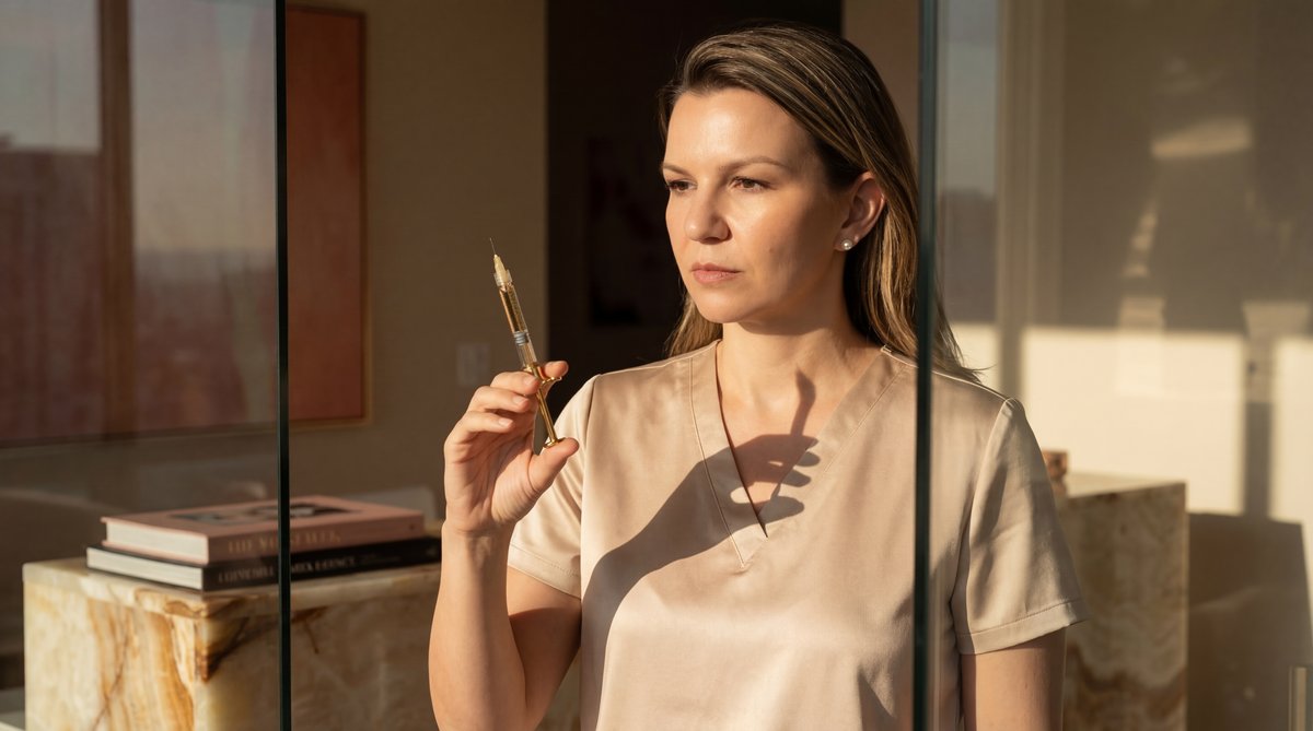 Illustration of clinical aesthetic tools including microneedling and serums for hyperpigmentation treatment