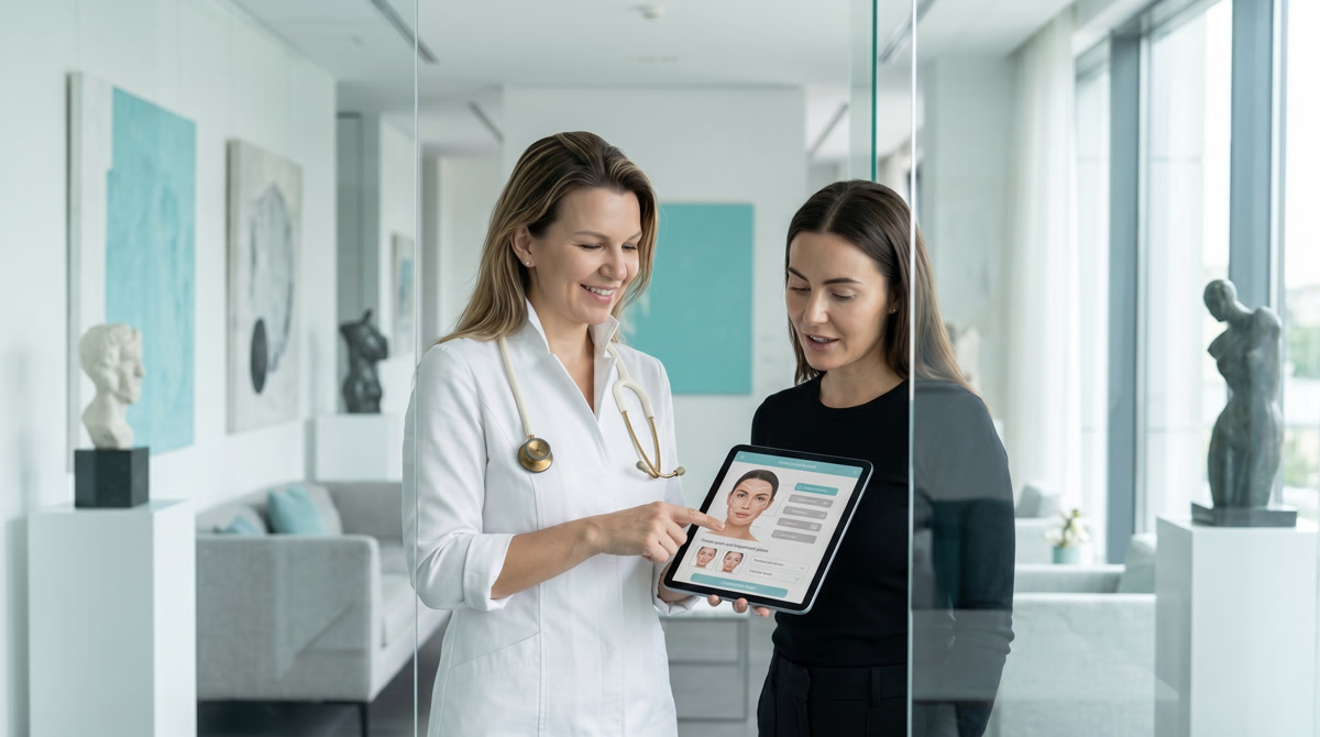 Elegant aesthetic medicine tray with glass vial in a luxury clinic setting
