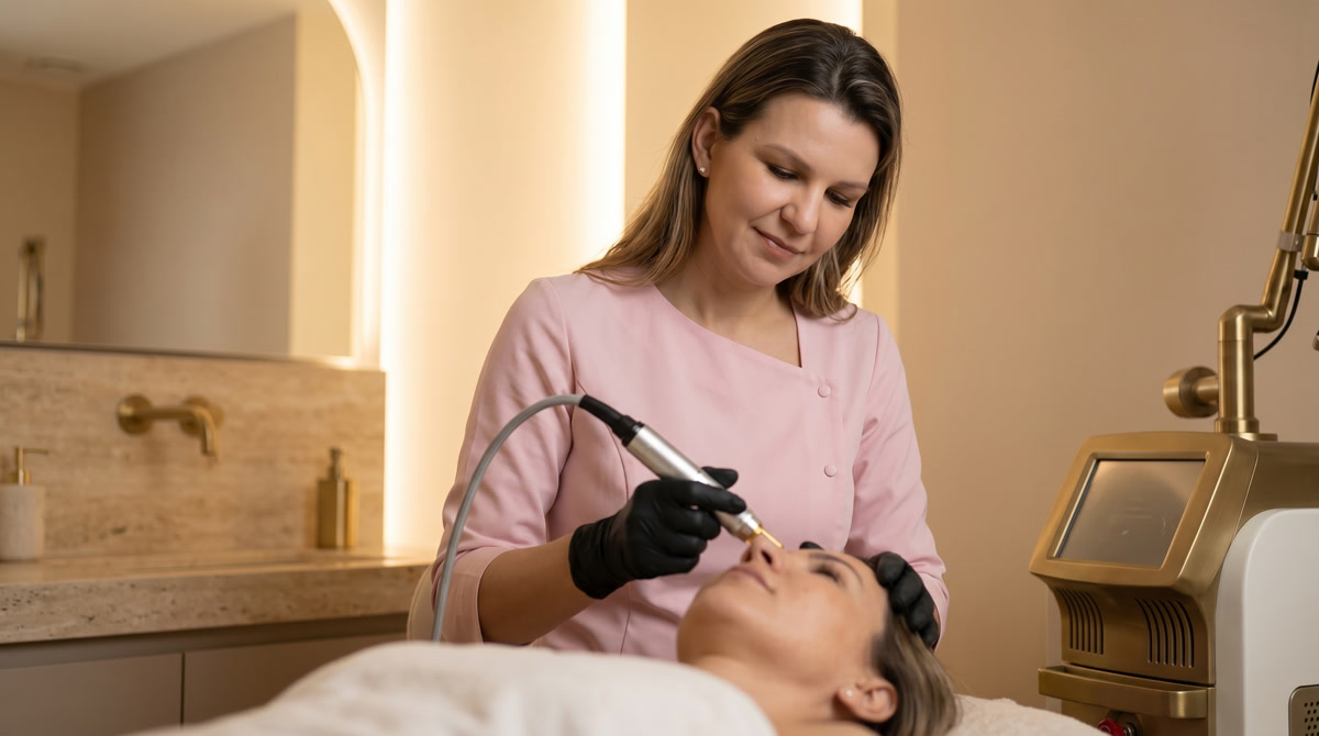Elegant and minimalist aesthetic clinic treatment room featuring a rose gold treatment chair
