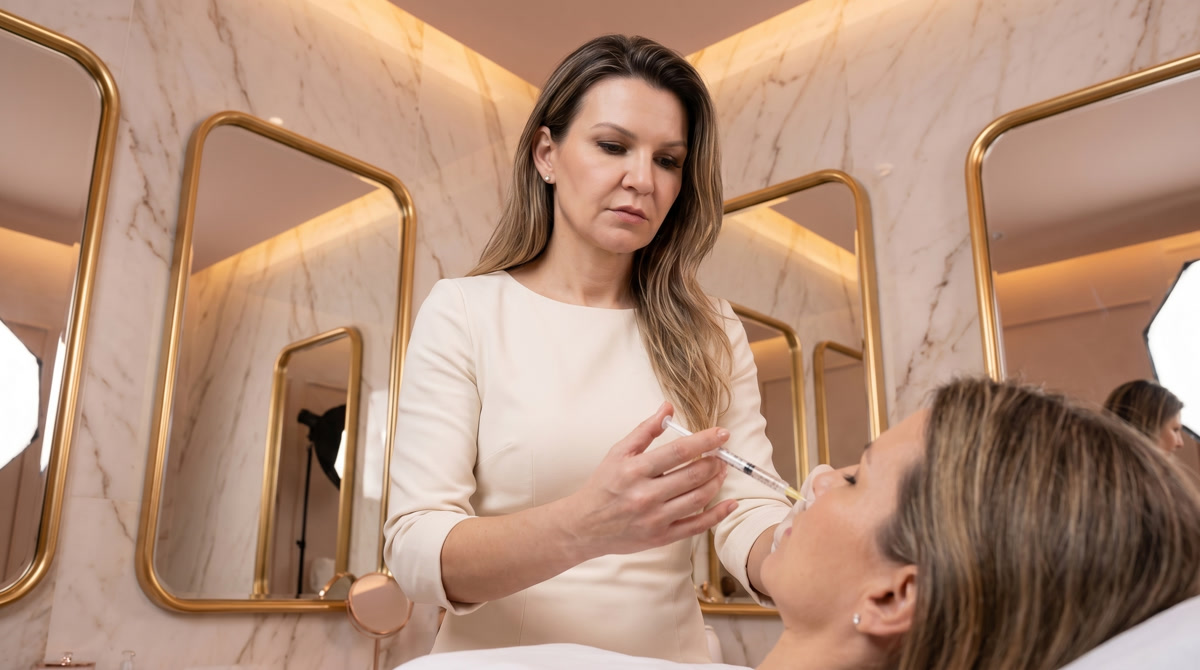 Luxurious medical spa treatment room featuring modern skin rejuvenation technology and a pristine white treatment bed.