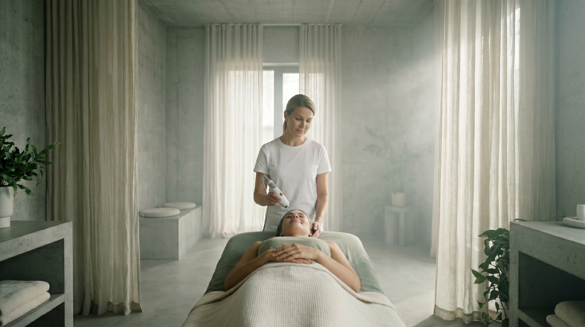Pristine aesthetic treatment tray in a luxurious medical spa environment.