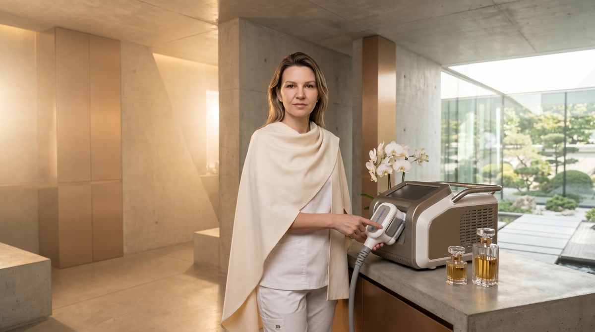 Serene waiting area of a luxury medical med spa with white and rose gold decor