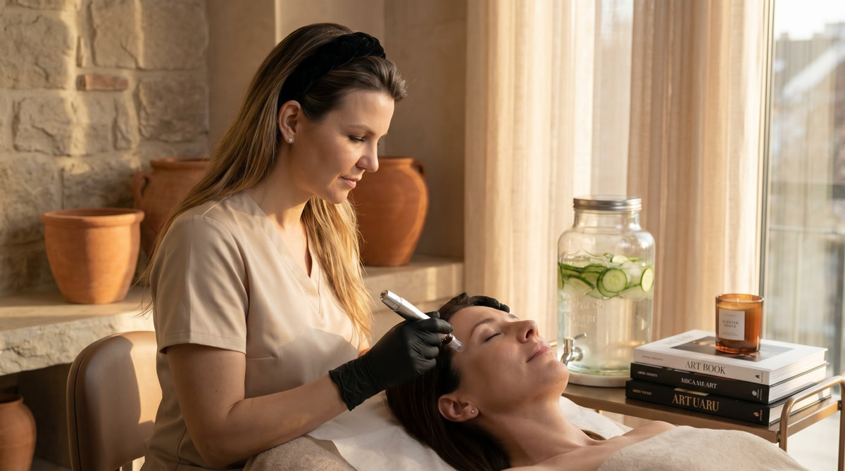 Post-treatment skincare recovery essentials including healing ointment and sunscreen on a white marble surface.